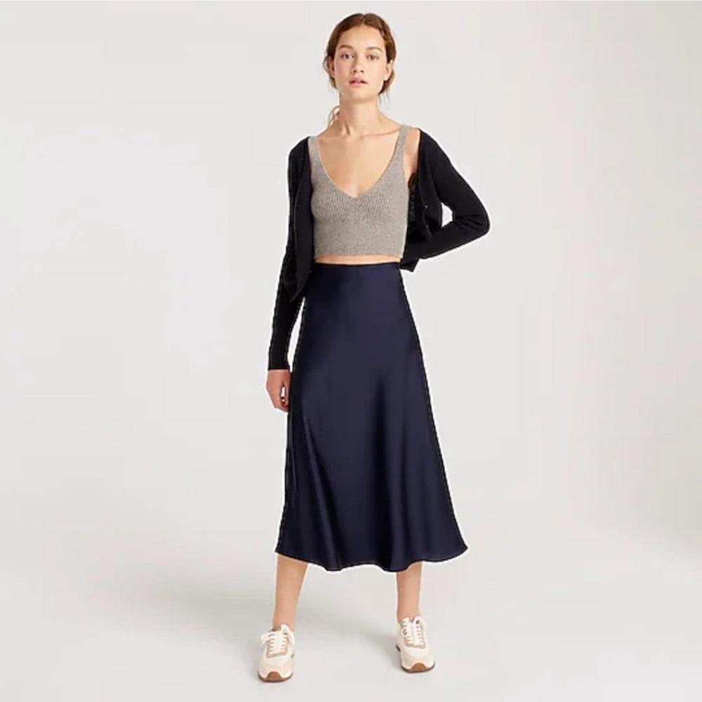 J. Crew Gwyneth Navy Satin Midi Bias Skirt